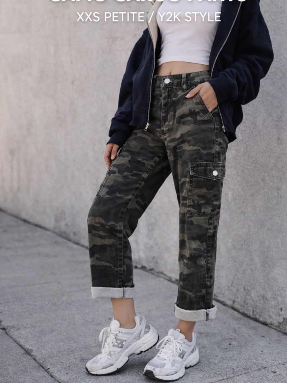 Camo Cargo Pants XXS Petite Cropped Distressed Hem Utility Streetwear Y2K